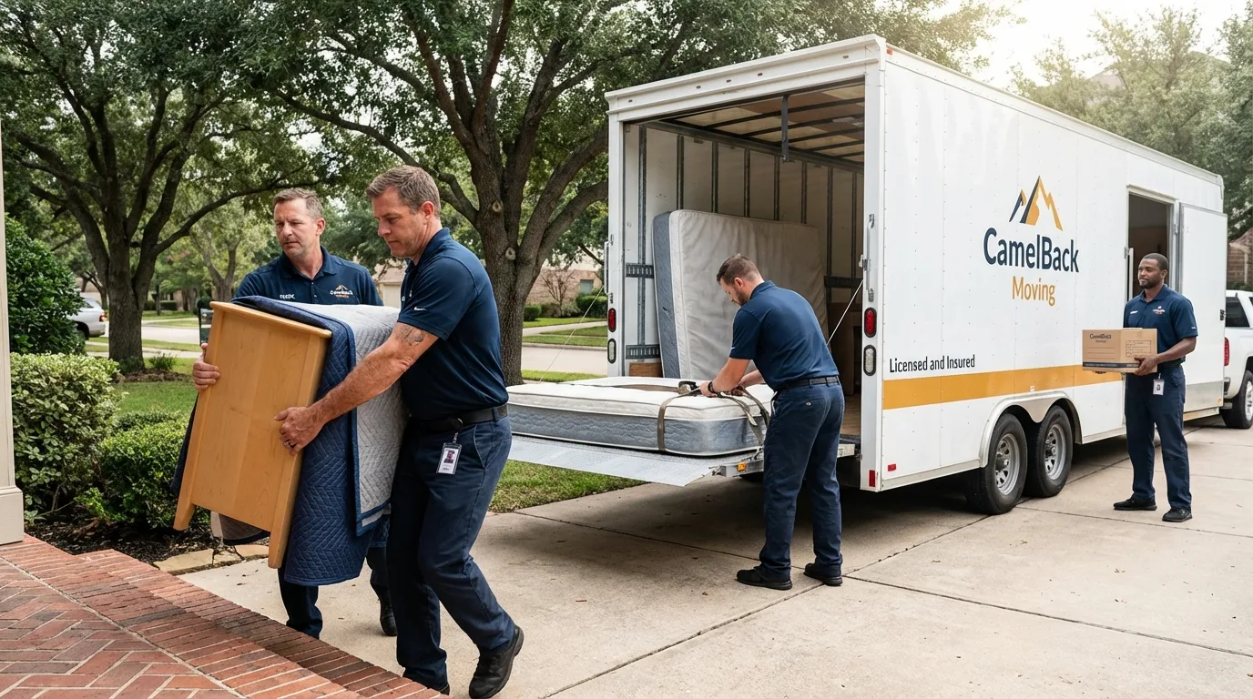 Crew loading residential truck for cross-state move from Nevada, TX