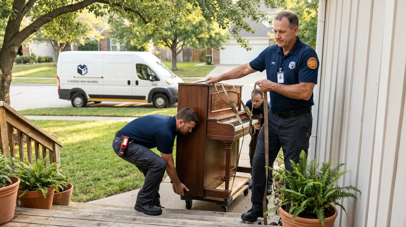 Licensed piano movers securing grand piano in Nevada, TX