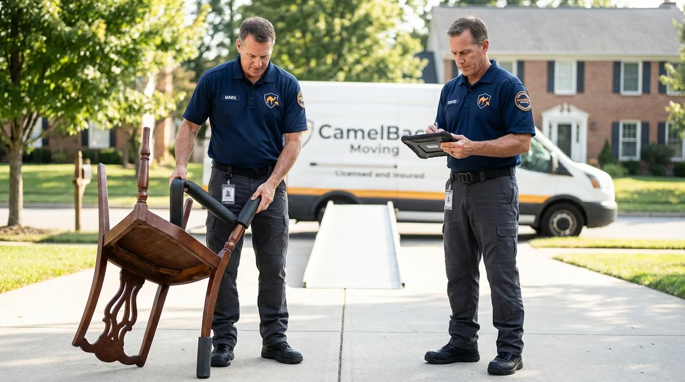 Movers inspecting furniture for damage prevention before loading in Nevada, TX